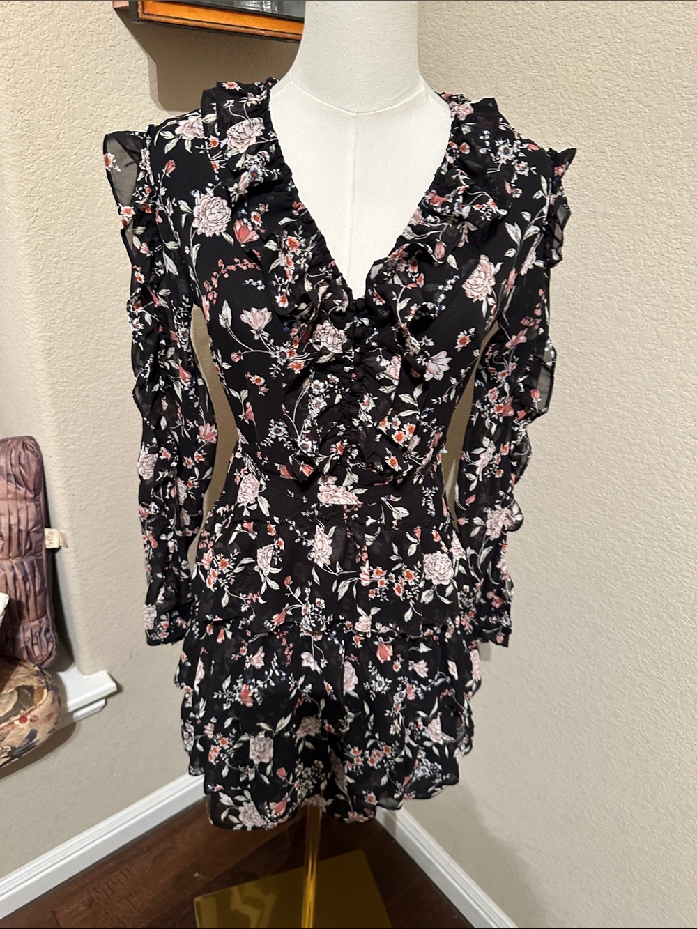 Buffalo David Bitton Black Floral Ruffle V-Neck Long-Sleeve Dress